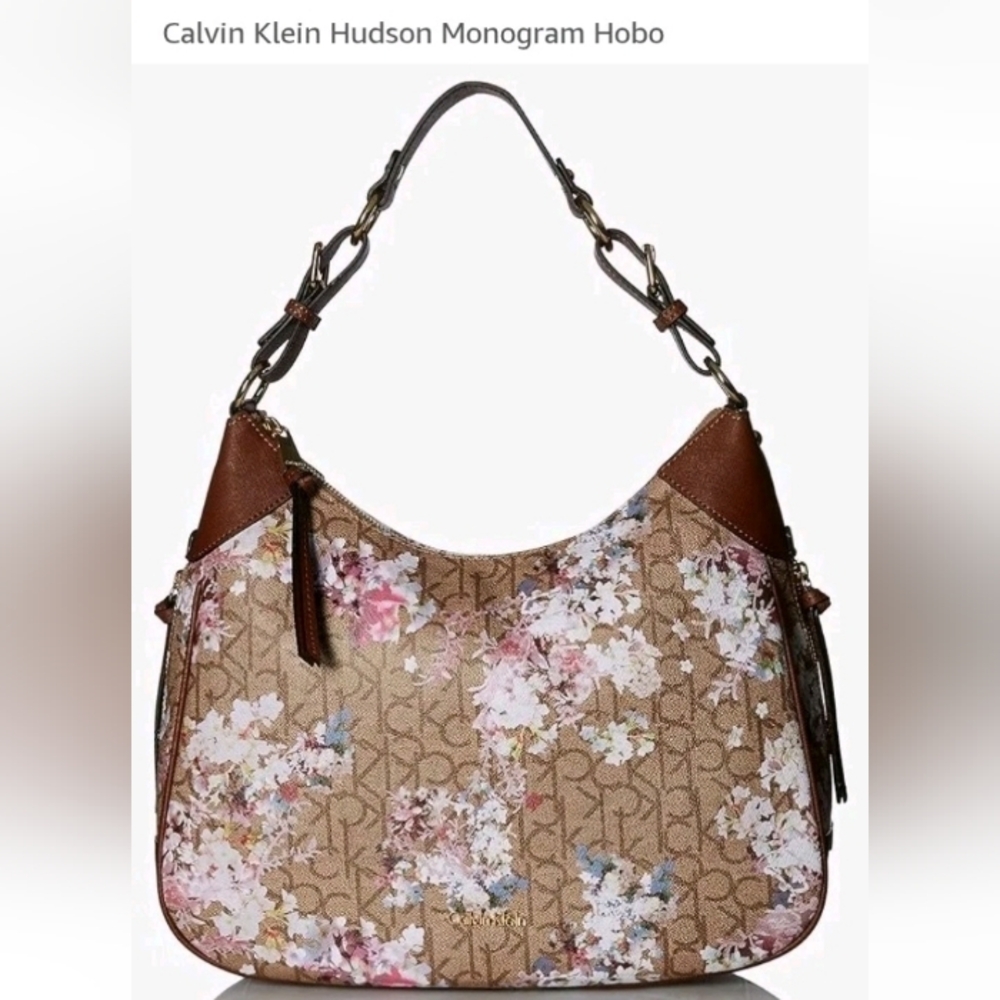 Calvin Klein Hudson Monogram Floral Tan Hobo Bag